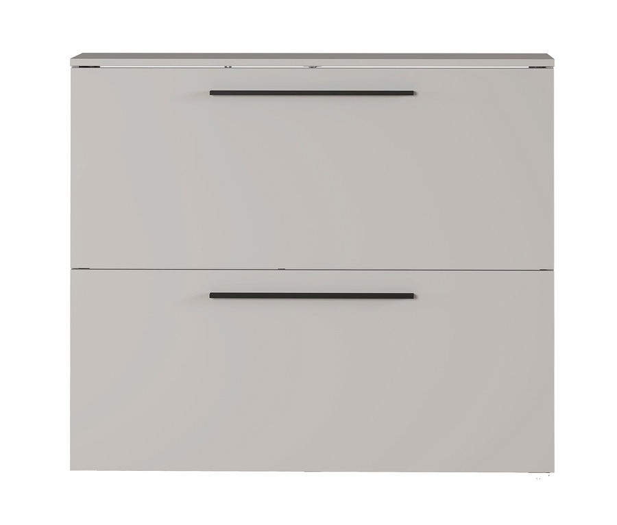 Nahaufnahme eines Schuhschranks »Utah« in Kaschmir mit zwei Schubladen und schwarzen Griffen.