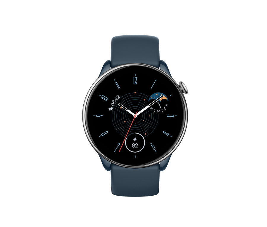 Nahaufnahme einer blauen Smartwatch mit rundem Zifferblatt. Zu sehen ist die Amazfit GTR Mini Smartwatch, blau.