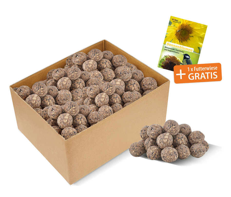 Karton mit Gourmet-Meisenknödel, 100 Stück, plus eine Packung Blumensamen.