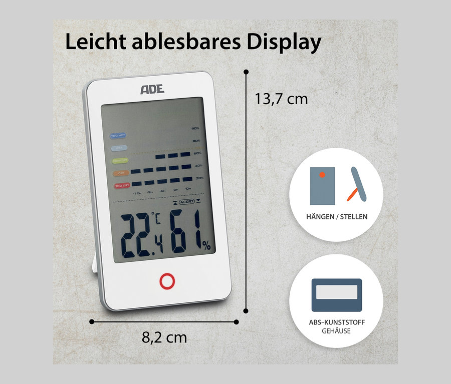 Weißes digitales ADE Hygrometer mit Schimmelalarm zeigt 22,4 Grad Celsius und 61 % Luftfeuchtigkeit an.