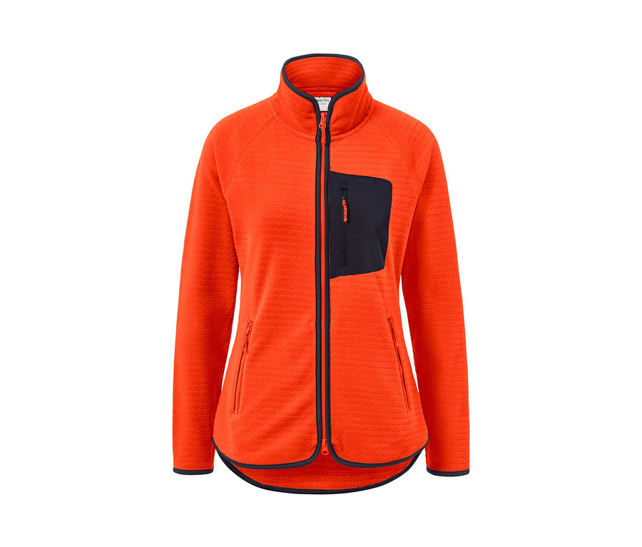 Orange Fleecejacke mit Reißverschluss und Taschen.