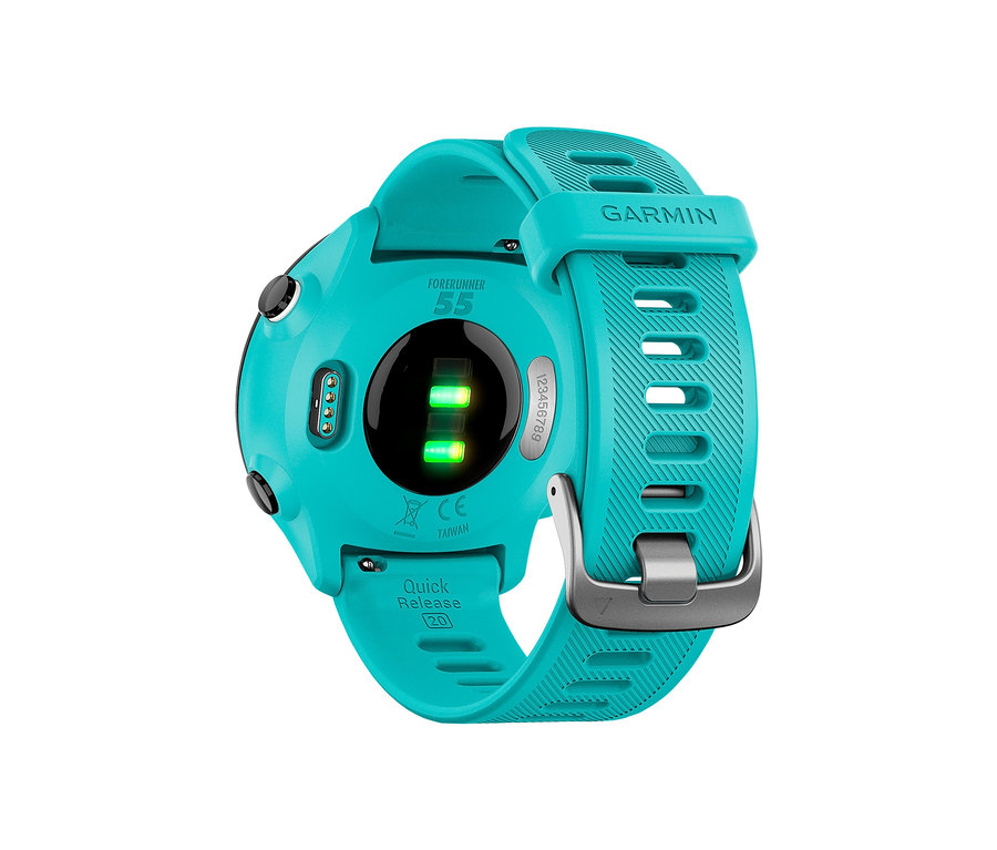 Detailansicht der Rückseite einer türkisfarbenen GARMIN »Forerunner® 55« mit sichtbaren Sensoren und Beschriftungen.