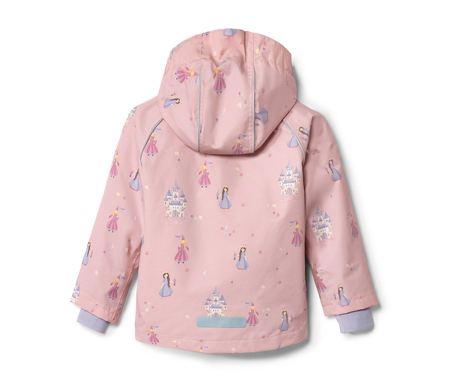 Rosa Kinder-Regenjacke mit Prinzessinnen und Burgen.