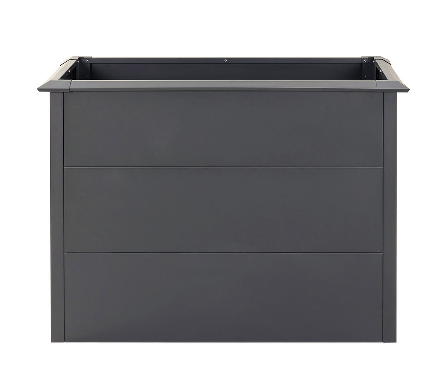 Leeres, graues Hochbeet mit Schneckenschutz, 100 cm.