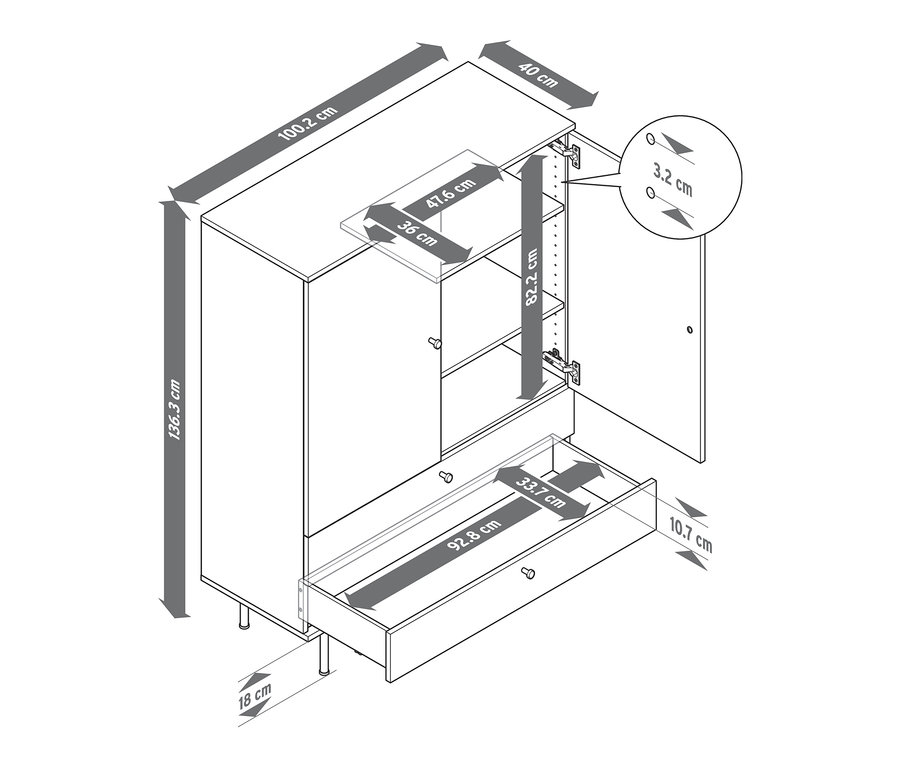Eine Skizze des Highboards »Finnsbo« mit geöffneter Tür und Schublade, inklusive Maßangaben.