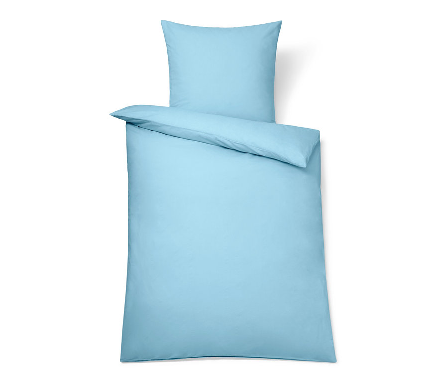 Hellblaue Premium-Baumwoll-Bettwäsche in Normalgröße mit Kissen.