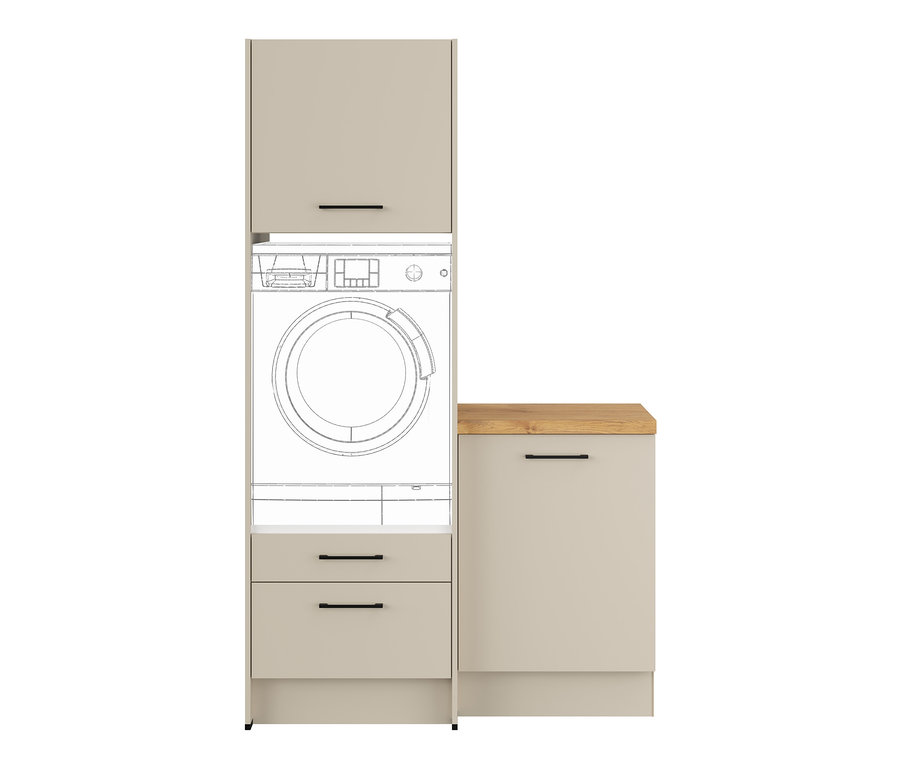 Waschmaschine in einem Schrank über zwei Schubladen, daneben ein Schrank mit Holzplatte.