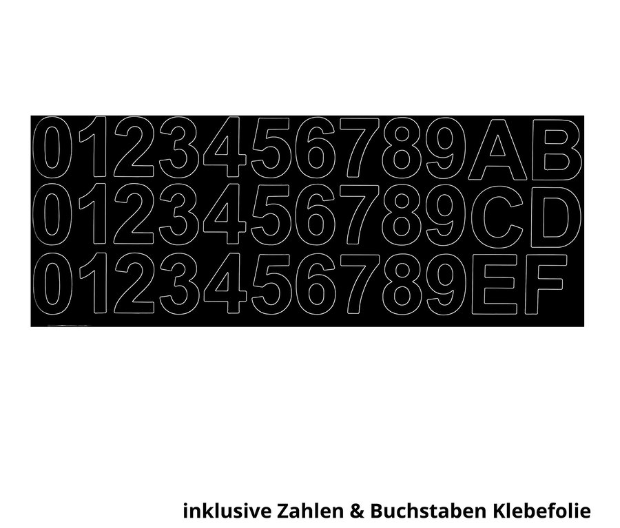 Schwarzer Hintergrund mit weißen Ziffern und Buchstaben in drei Reihen.