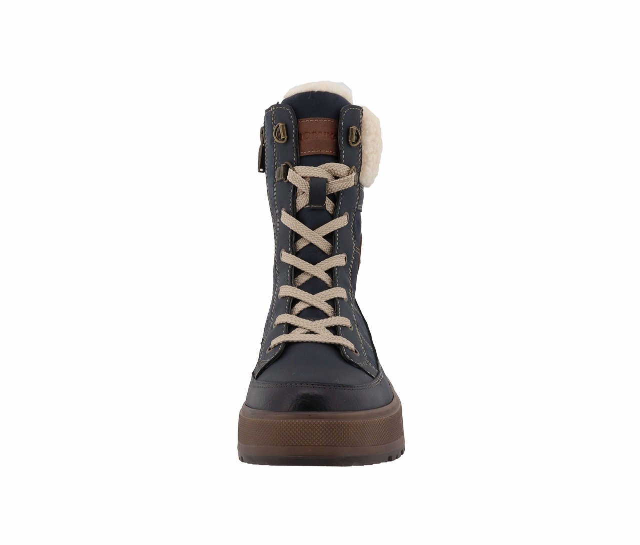 Frontansicht eines blauen Lederstiefels mit Schnürung und brauner Sohle.