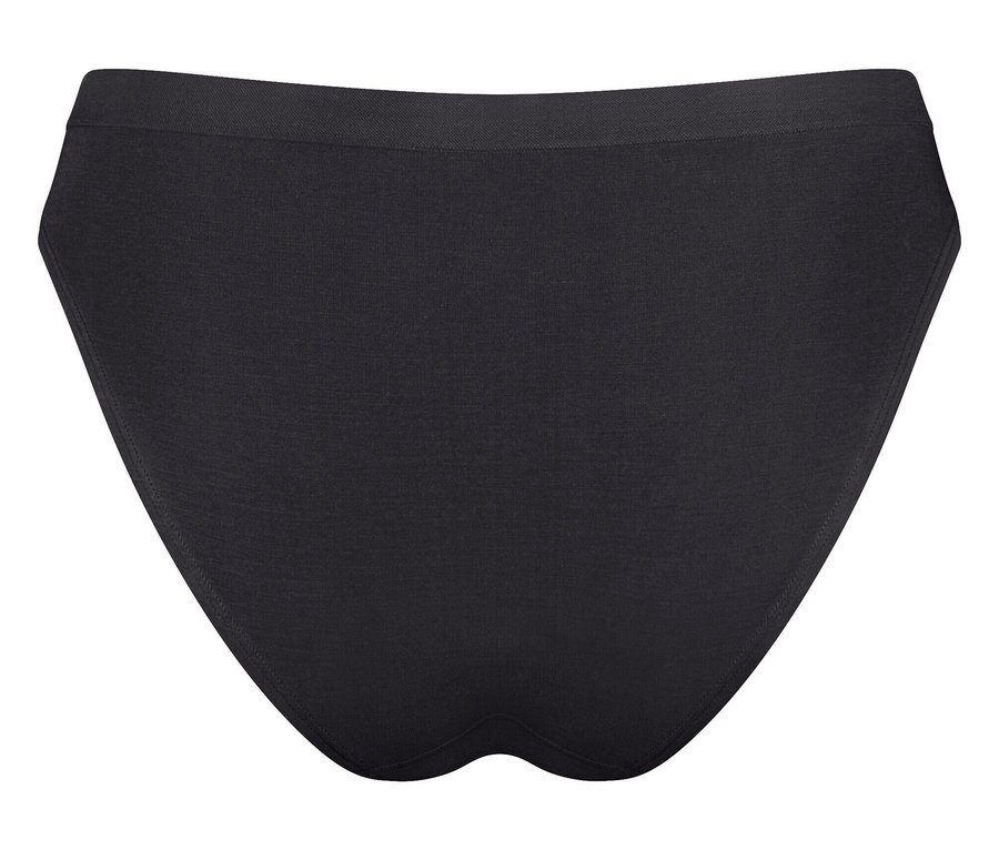 Detailaufnahme einer schwarzen Damenunterhose auf weißem Hintergrund.