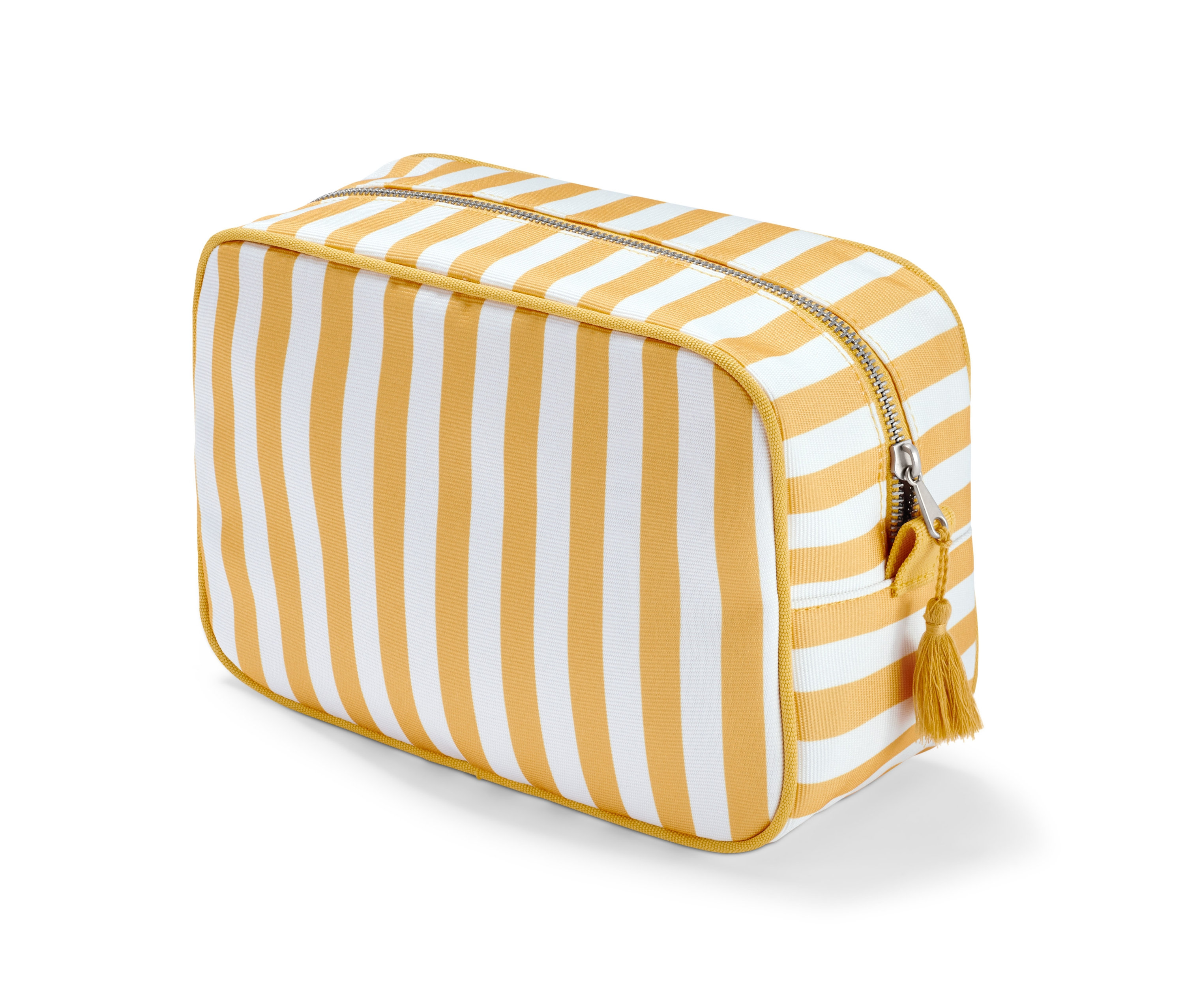 Gelb-weiss gestreifte Kulturtasche mit Kosmetiktasche.