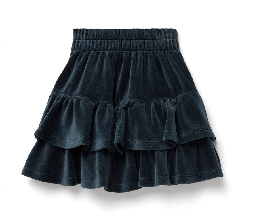 Ein marineblauer Samtrock mit elastischem Bund und zwei Rüschen.