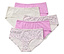 Fünf Damenunterhosen in verschiedenen Farben und Mustern liegen übereinander.