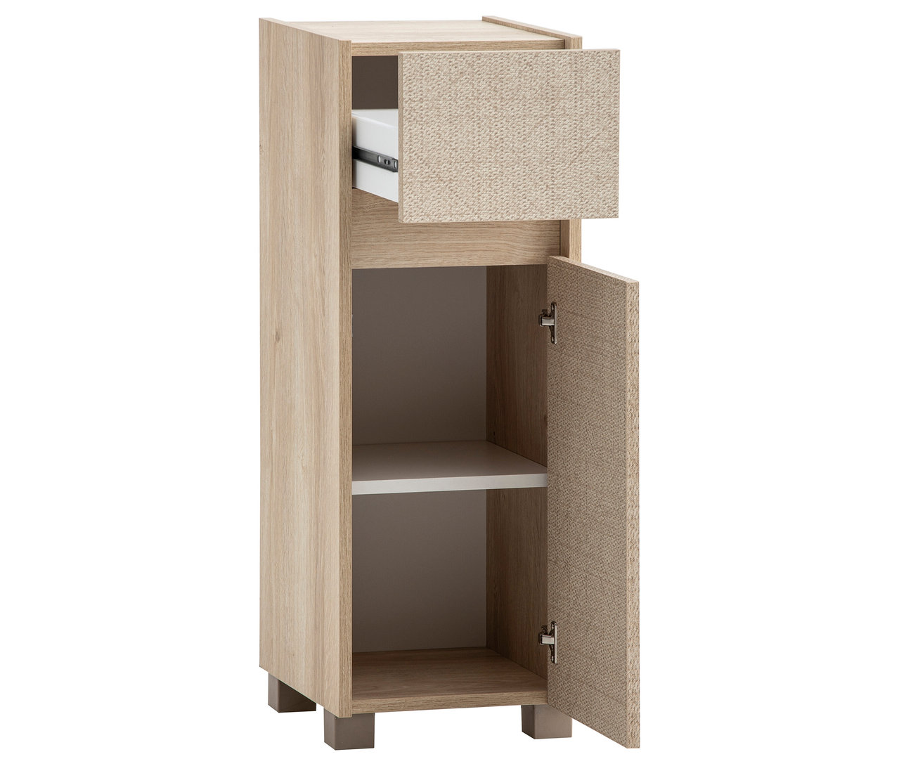 Highboard »Sander« in Weißeiche mit offener Schublade und Tür.