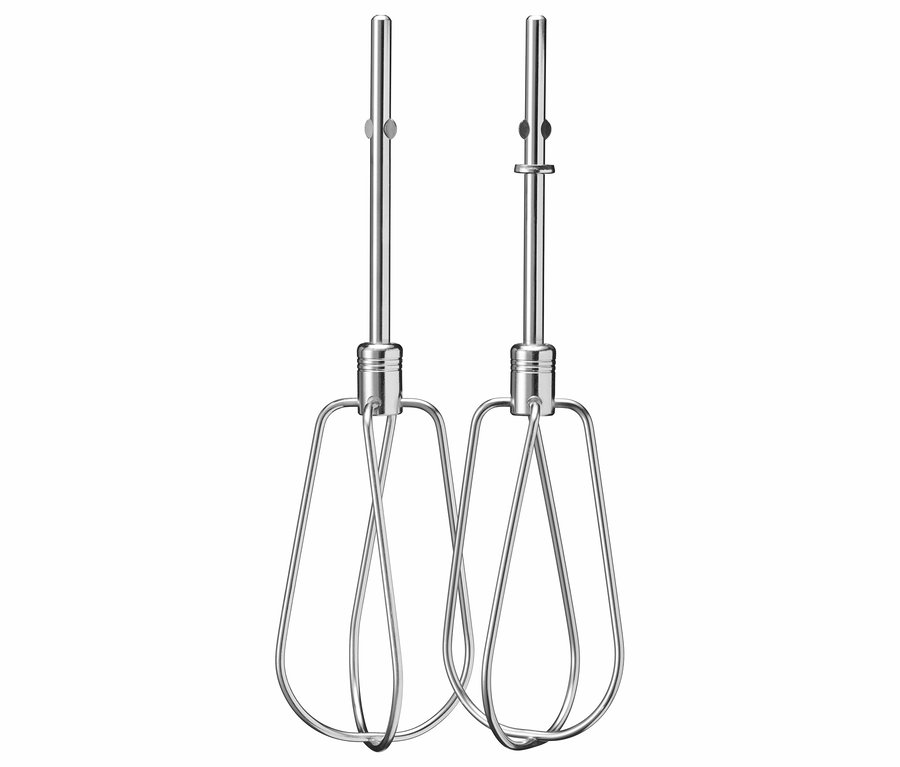 Zwei Schneebesenaufsätze aus Metall auf weißem Hintergrund.