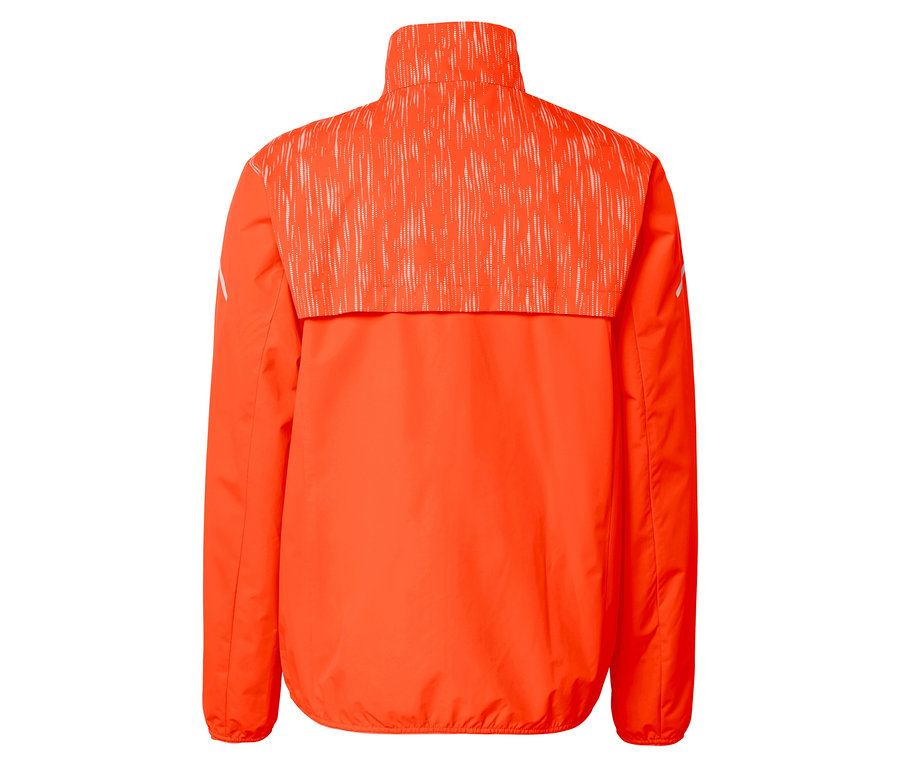 Detail der Rückseite einer orangefarbenen Jacke mit weißem Muster im oberen Bereich.