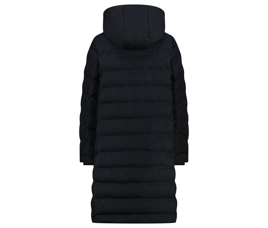 Dunkelblaue Steppjacke mit Kapuze, von hinten gesehen.