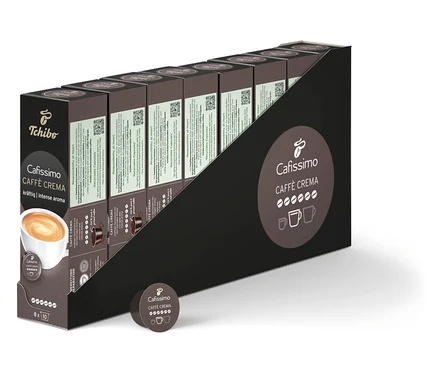 Eine Packung Cafissimo Caffè Crema kräftig - 80 Kapseln ist zu sehen. Auf der Verpackung ist eine Tasse Kaffee abgebildet.