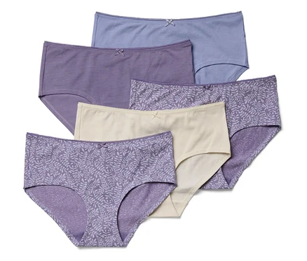 Sechs Damenunterhosen in verschiedenen Farben und Mustern sind zu einem Stapel angeordnet.