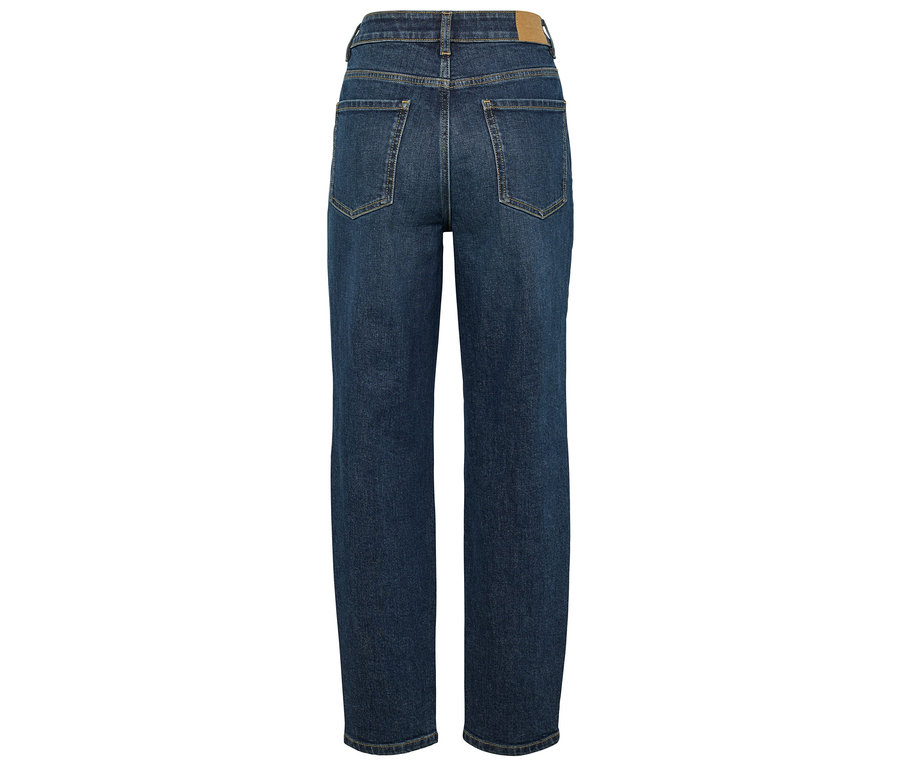 Rückansicht einer dunkelblauen High-Waist-Jeans.