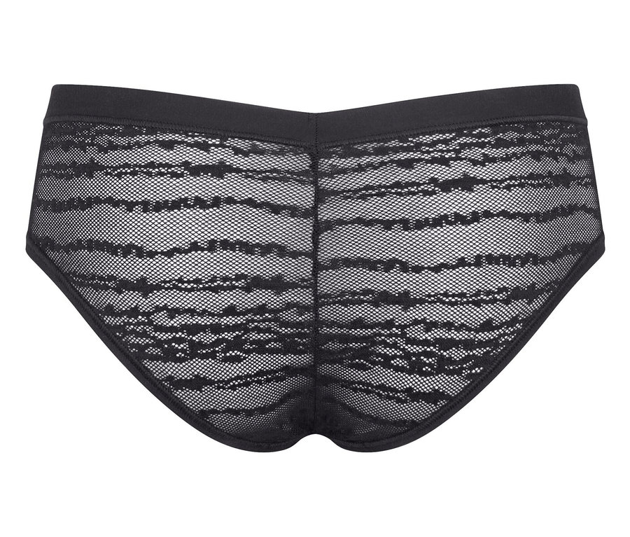 Schwarzer Damen-Slip mit transparenter Spitze, Rückansicht.