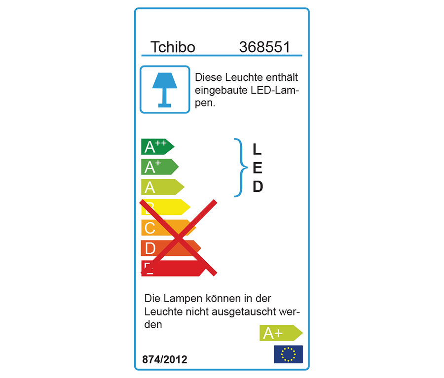 Ein Energieetikett mit den Klassen A++ bis E, wobei die Klassen C bis E rot durchgestrichen sind. Das Etikett weist darauf hin, dass die Leuchte eingebaute LED-Lampen enthält.