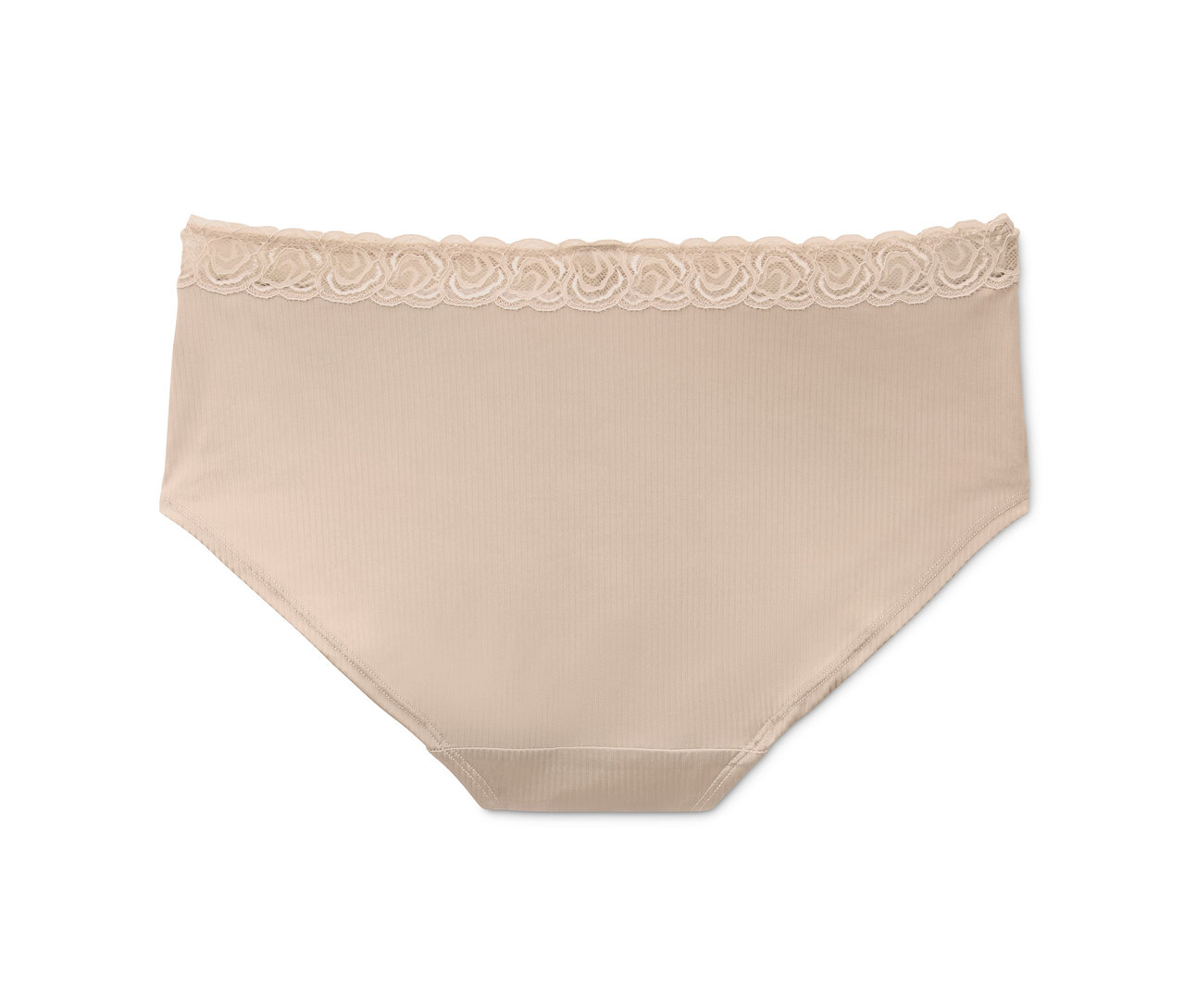 Ein einzelner hautfarbener Slip mit Spitze.