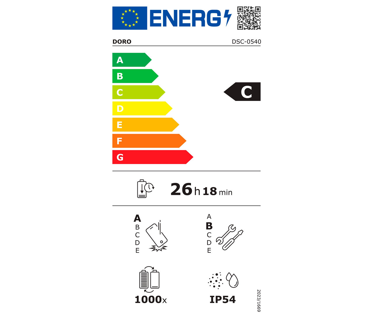 Energielabel mit C-Klasse, 26h 18min Akkulaufzeit, Sturzfestigkeit und IP54 Wasserdichtigkeit.