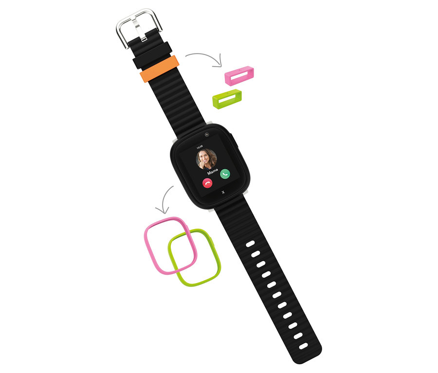 Eine schwarze Smartwatch mit bunten Zierrahmen.