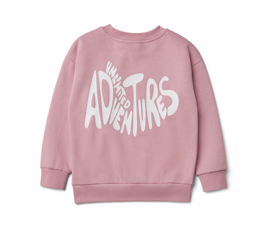 Rosa Kinder-Sweatshirt mit weißem Aufdruck Unlimited Adventures.