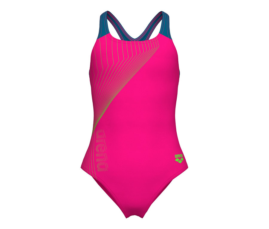 Arena Kinder-Badeanzug Swim Pro Back Graphic in Pink mit blauen Trägern und grünem Logo.