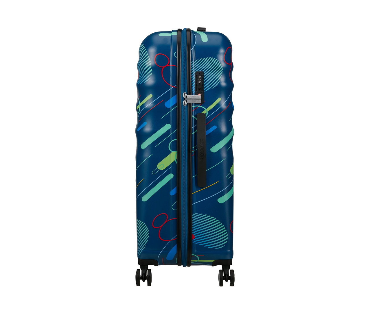 Grosser American Tourister Wavebreaker »Mickey Mouse« Koffer mit blauem Hintergrund und bunten Mustern.
