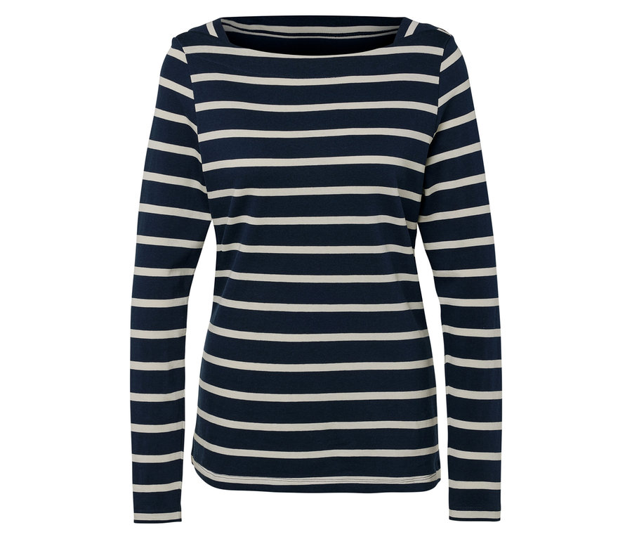 Blau-weiß gestreiftes Langarmshirt.