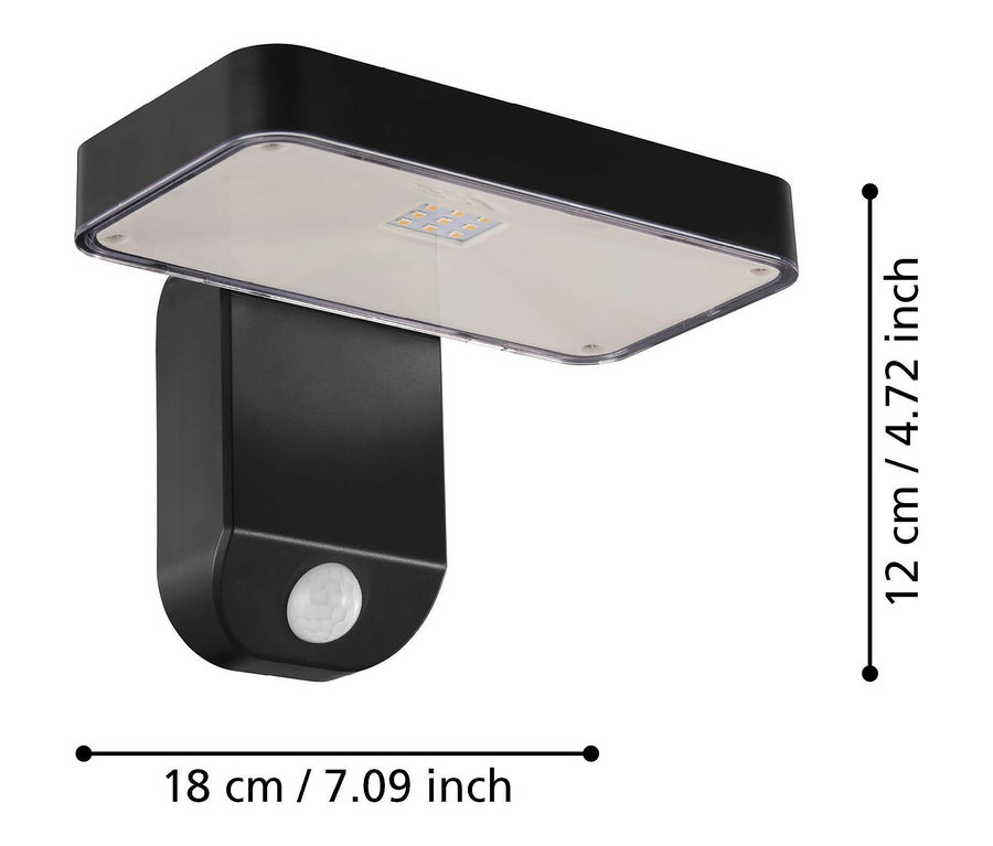 Detailansicht der schwarzen Eglo Solar-Wandleuchte »Pastion« mit den Maßen 12 cm Höhe und 18 cm Breite.