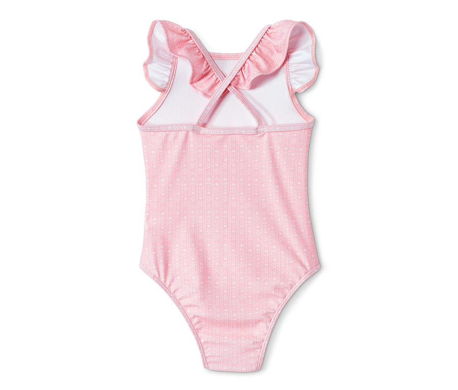 Rosa Badeanzug mit recyceltem Material, Rüschen an den Trägern und Muster.