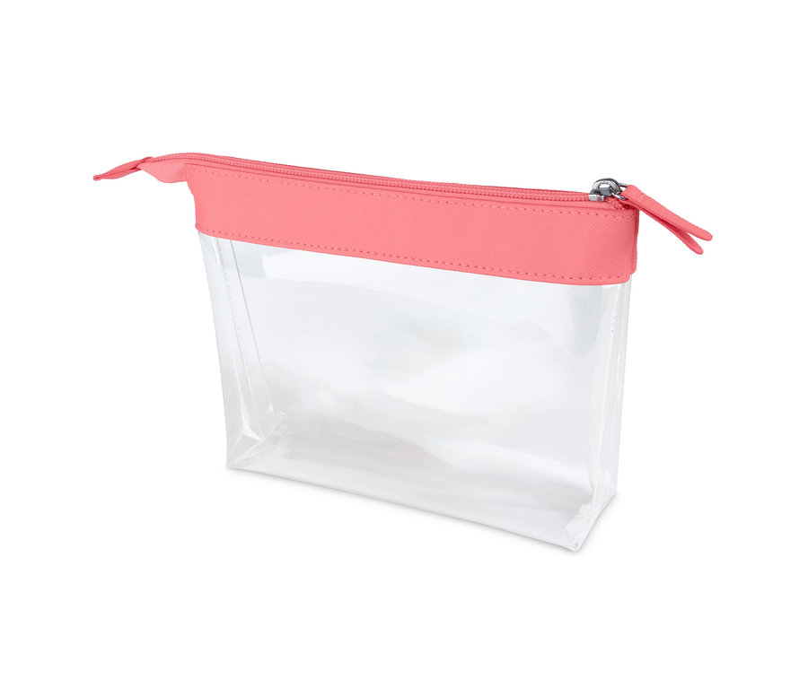 Durchsichtige Handgepäck-Kosmetiktasche mit rosa Reissverschluss.