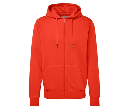 Orangefarbener Kapuzenpullover mit Reißverschluss.