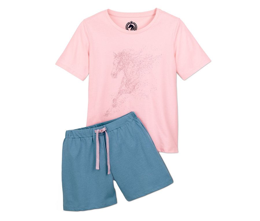 Shorty-Pyjama aus Bio-Baumwolle mit rosa T-Shirt mit Pferde-Druck und blauen Shorts.