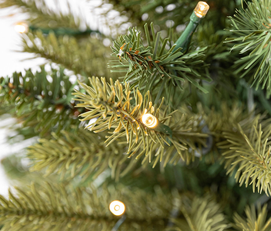 Detailaufnahme eines grünen Weihnachtsbaums mit warmweißen Lichtern.
