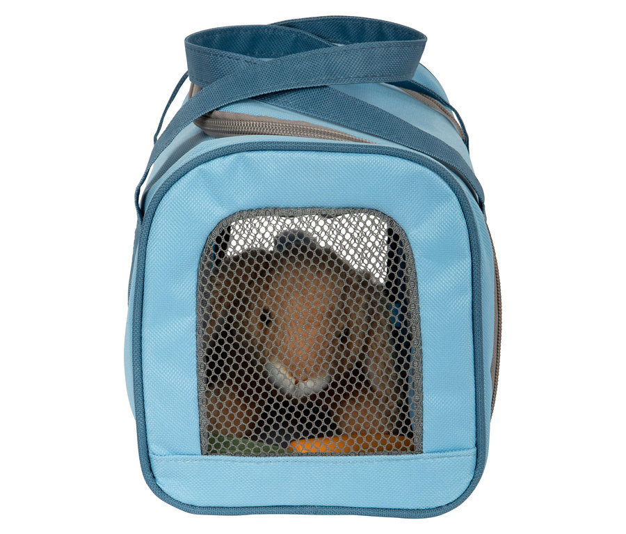 Hase sitzt in der hellblauen small foot Tierarzt-Tasche.