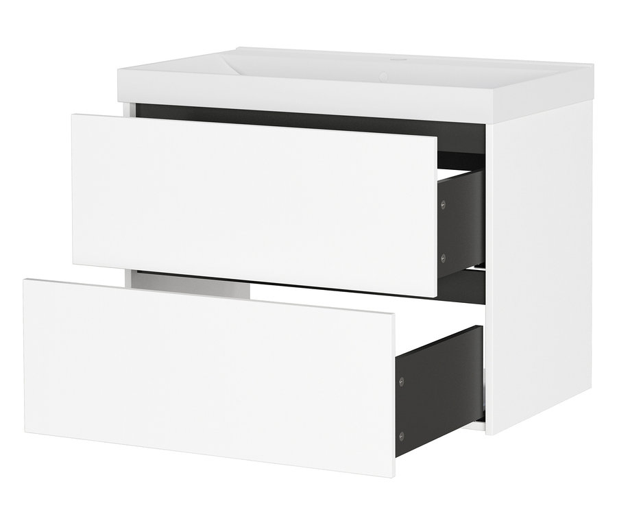Weißer Badezimmerschrank mit zwei offenen Schubladen.