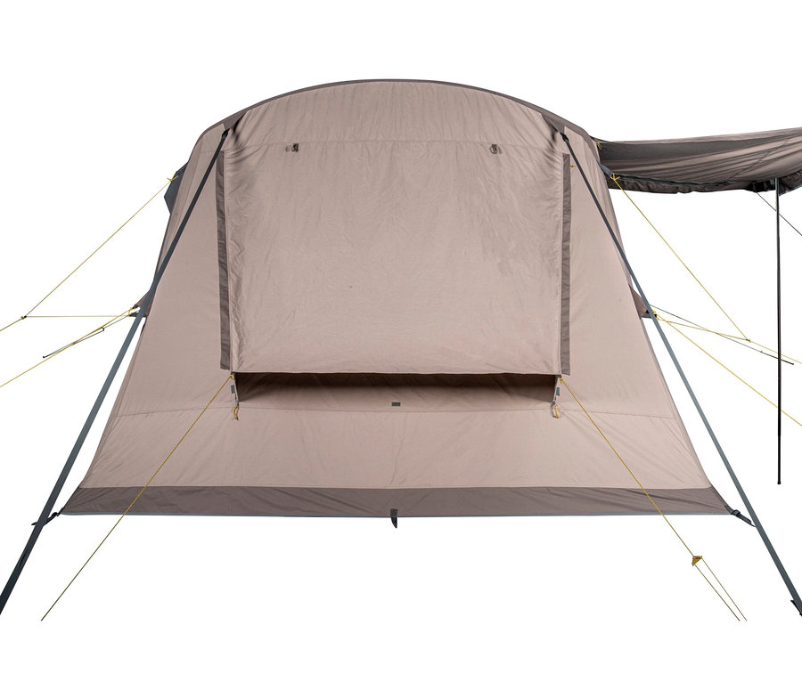 Ein beiges Zelt mit geöffnetem Eingang. Im Produktnamen ist Tambu 4-Personen-Familien-Luftzelt BISALA 4 enthalten.