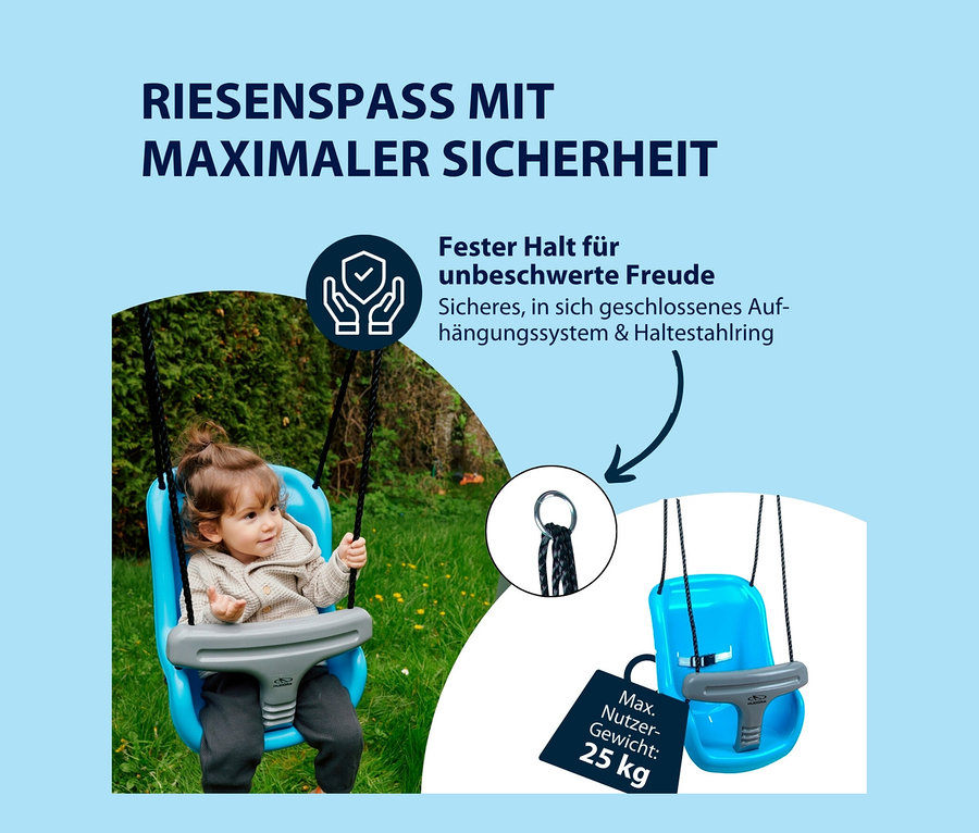 Kleinkind sitzt in blauer HUDORA Baby-Hochschaukel im Freien.