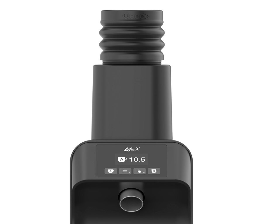 Nahaufnahme eines schwarzen Lifefux X-Geräts vor einem weißen Hintergrund.