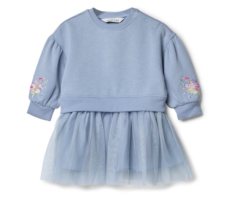Hellblaues Kleid mit langen Ärmeln und Blumenstickereien am Ärmel.