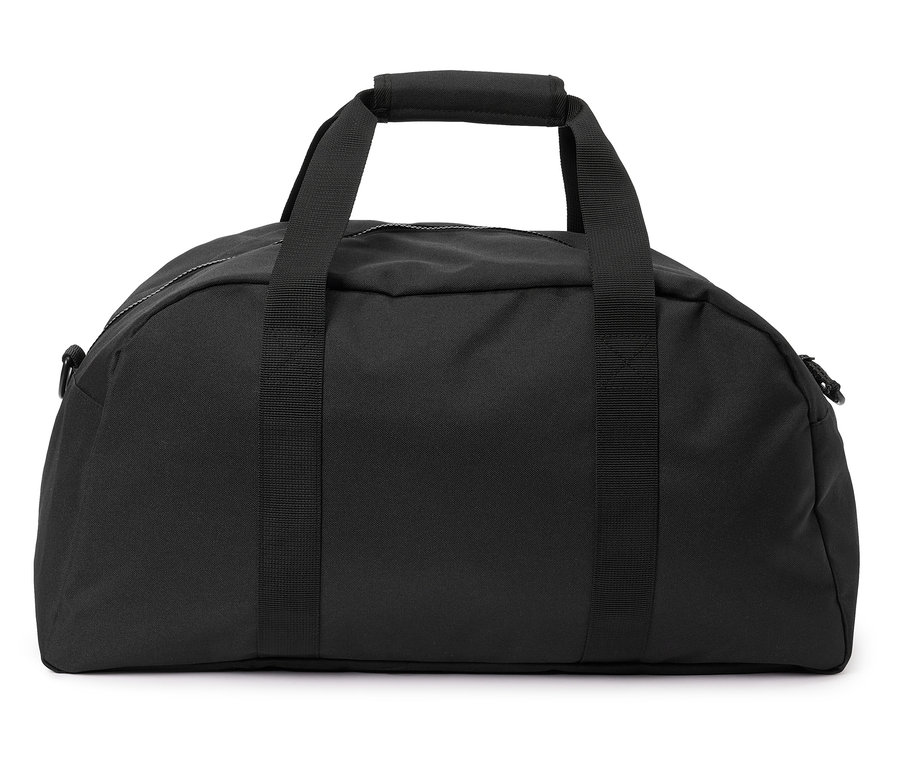 Schwarze Reisetasche mit Tragegriffen und Schultergurt, liegend auf einem weißen Hintergrund.