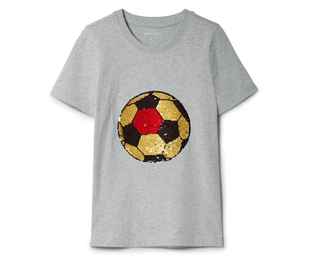 Graues T-Shirt mit einem Fußball-Design mit goldenen, schwarzen und roten Pailletten.