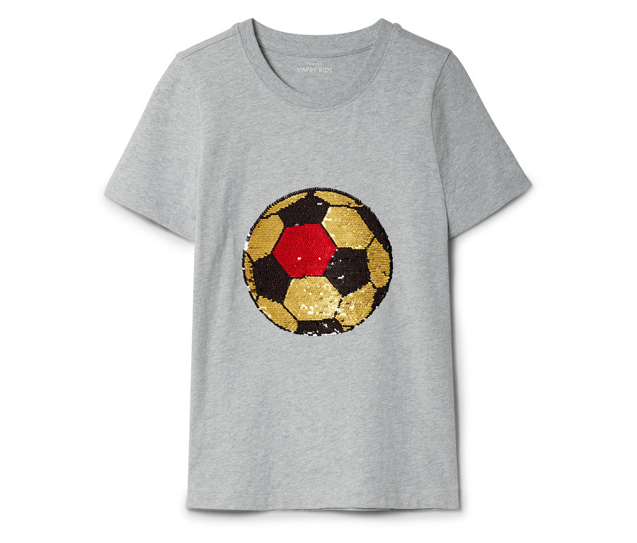 Graues T-Shirt mit einem Fußball-Design mit goldenen, schwarzen und roten Pailletten.