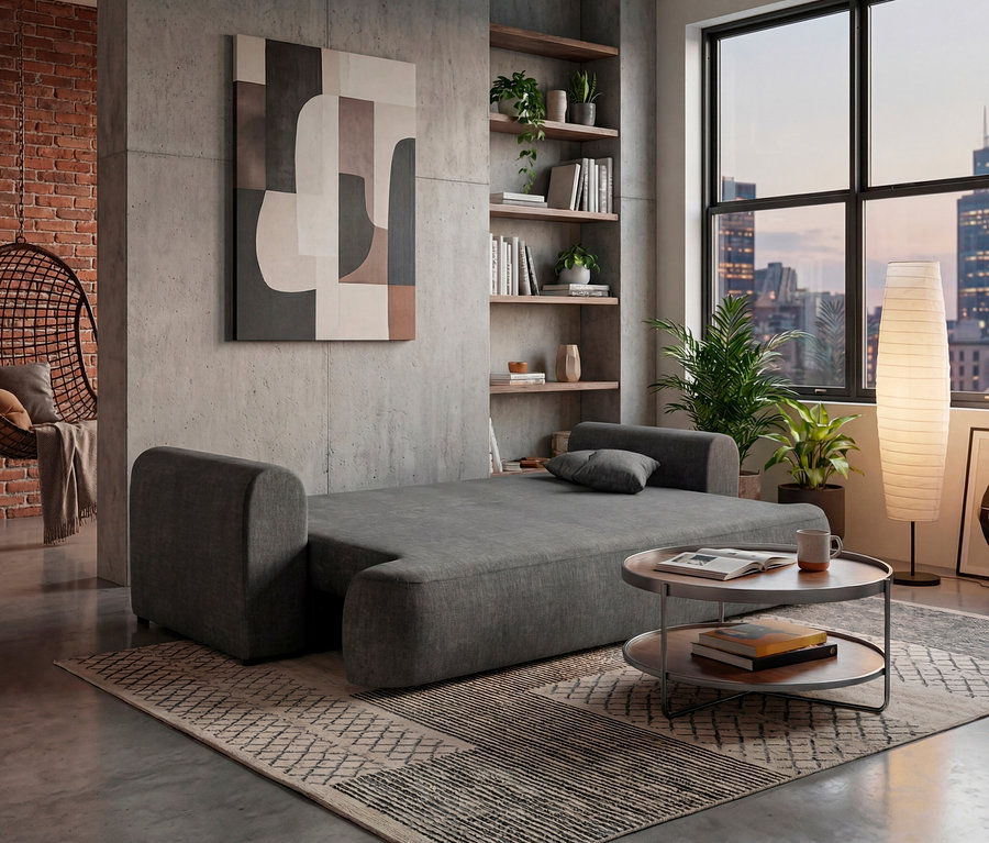 Graues Schlafsofa mit Kissen in einem Wohnzimmer mit Bücherregal und Kunstwerk.