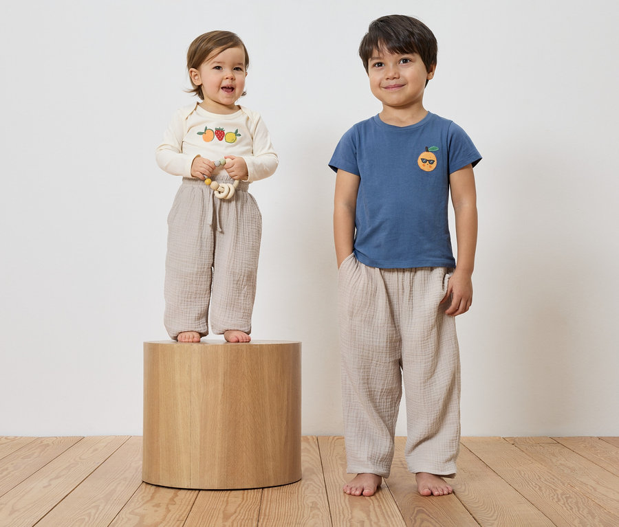 Ein Kleinkind mit einem bestickten Hemd und einem Beißring steht auf einem Holzsockel, neben einem kleinen Jungen mit einem blauen Hemd und einer aufgestickten Orange, beide tragen lockere Hosen.